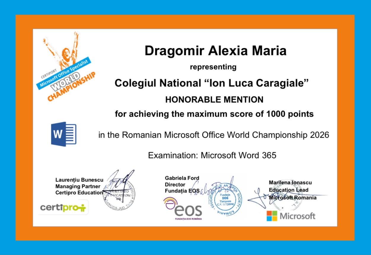 2026 Microsoft Office Word National Championship diploma for Alexia Maria Dragomir