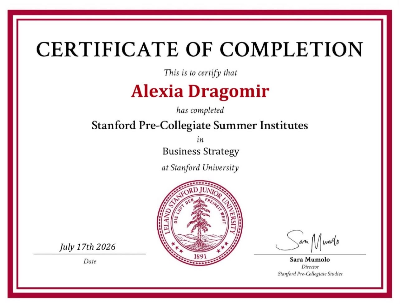 Stanford Pre-Collegiate Summer Institutes Business Strategy completion certificate