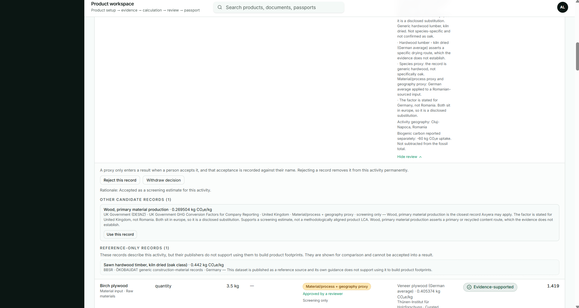 Axyera supervised emissions-factor decisions, alternatives, proxies and exclusions